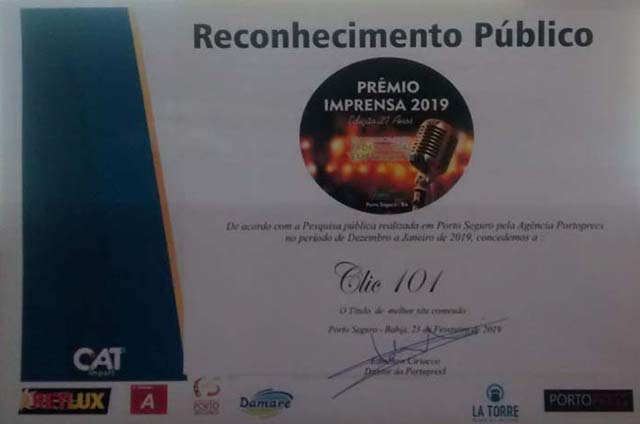 Portal de Notícias Clic 101 foi homenageado pelo reconhecimento público ao seu melhor conteúdo