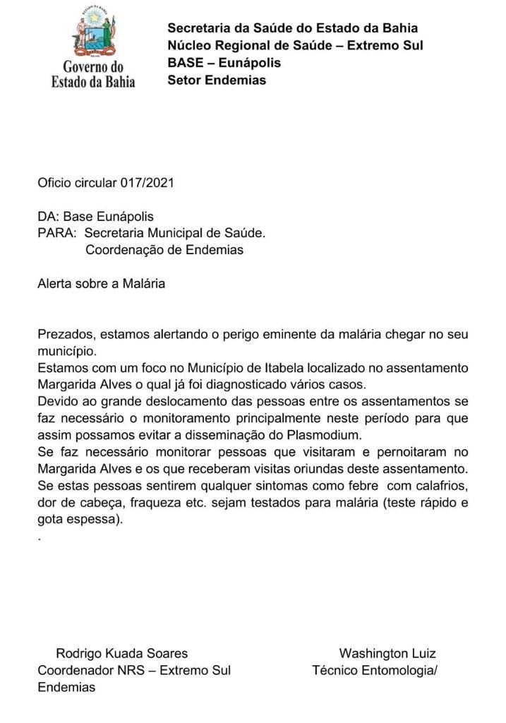 Ofício sobre alerta de perigo de malária encaminhado pela Base Regional de Saúde de Eunápolis