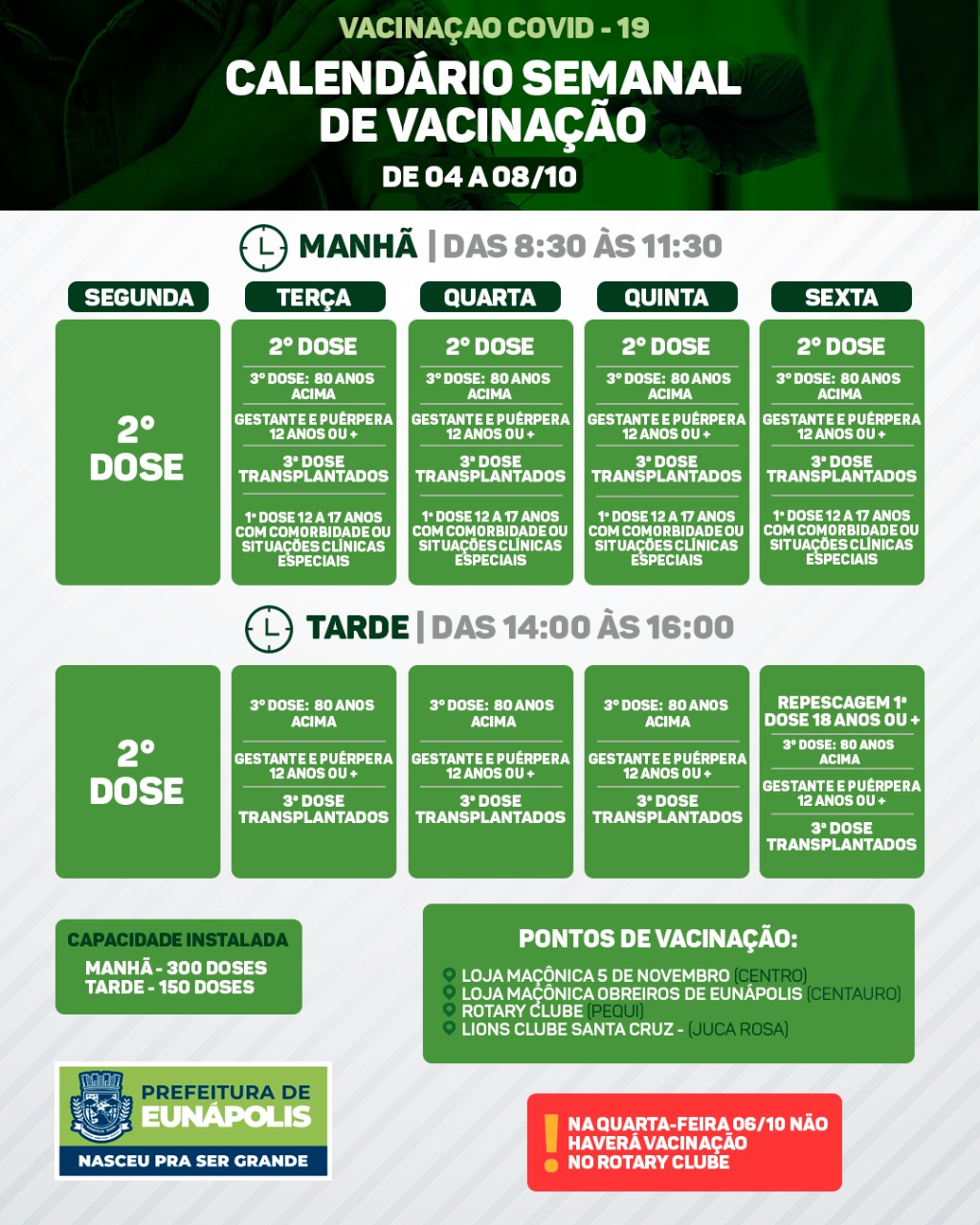 Cronograma semanal de vacinação contra a Covid-19 em Eunápolis