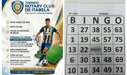 Neste domingo no Rotary Club de Itabela: torneio de futebol, sorteios, premiações, show musical, almoço especial, e muita confraternização