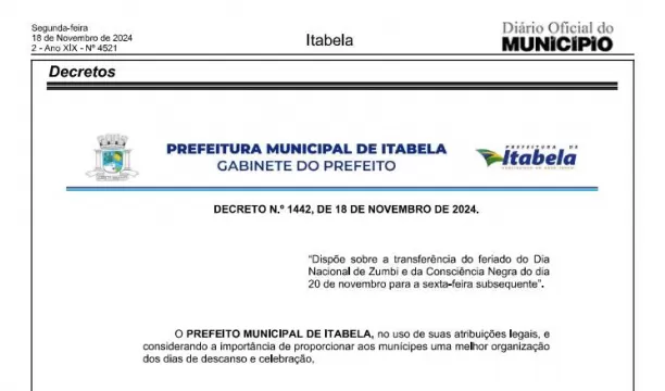 Prefeitura de Itabela transfere feriado de quarta (20) para sexta-feira (22)