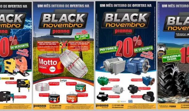 Black Novembro na Pianna Rural: ferramentas, máquinas, arames farpado e liso, motores e pneus agrícolas